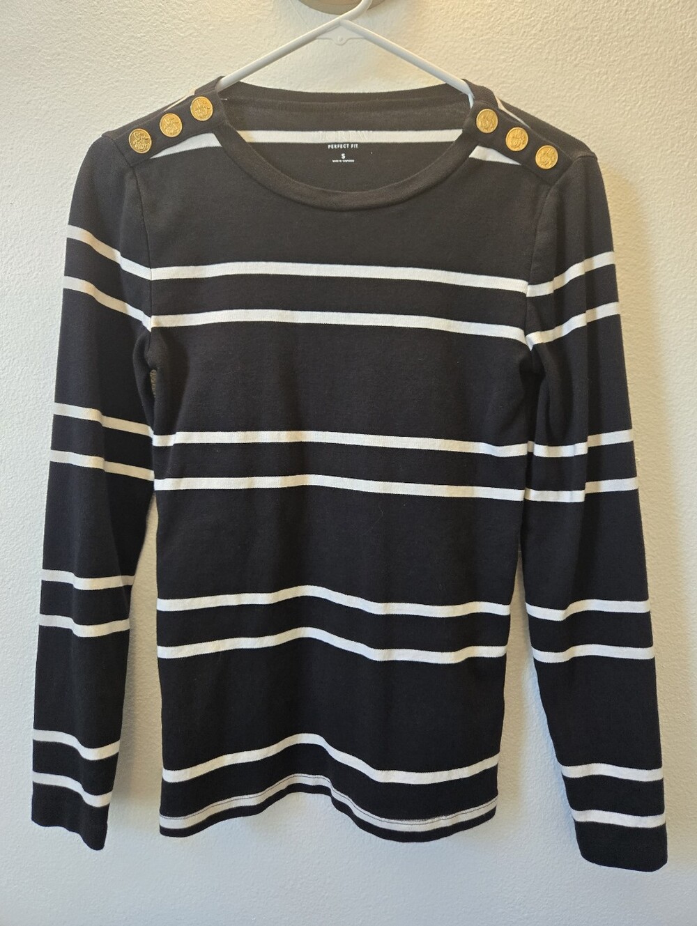 J. Crew Black and White Striped Long Sleeve Top with Gold Buttons Sz Small